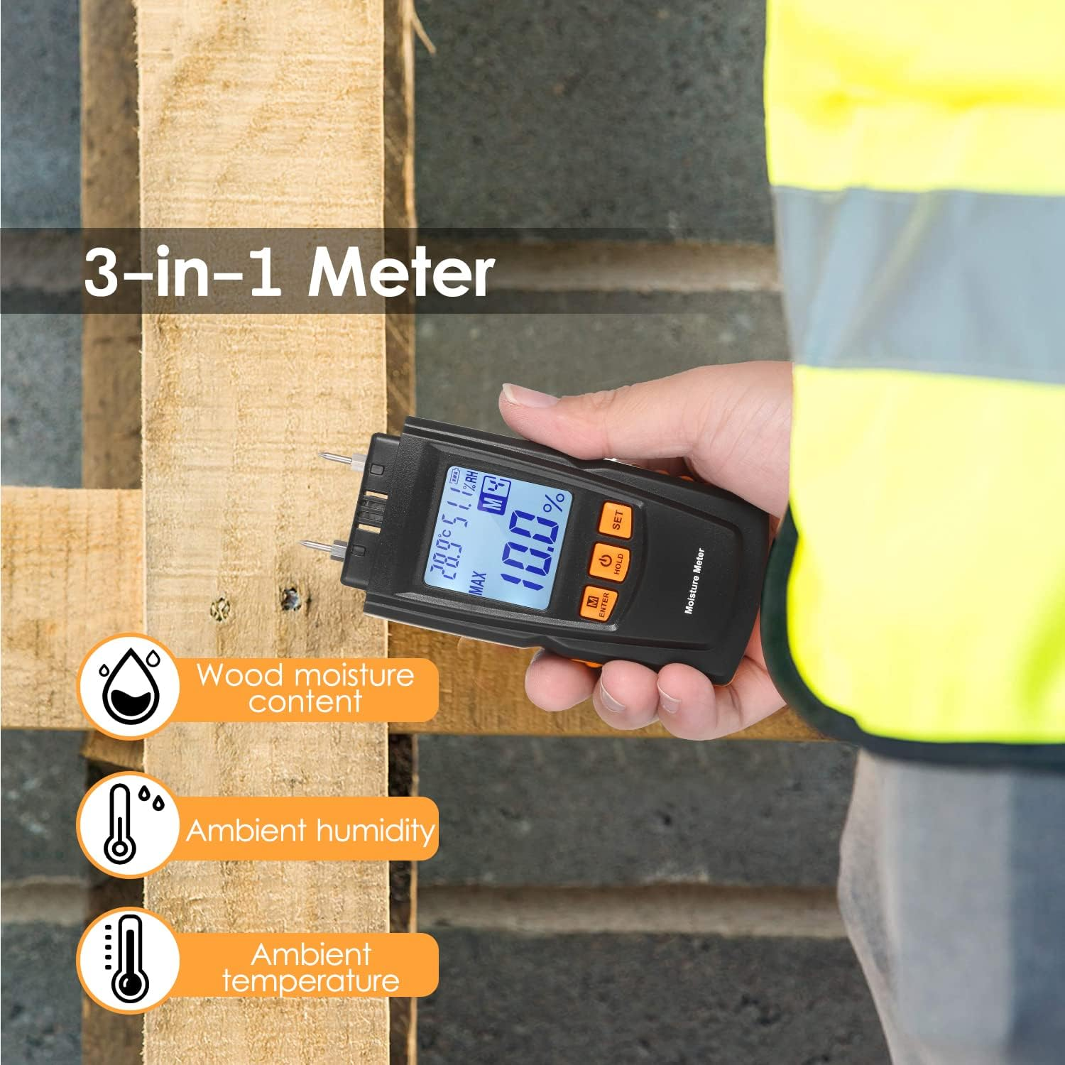 3-In-1 Digital Wood Moisture Meter Firewood Water Content Analyzer Ambient Temperature+Humidity+Wood Moisture Tester with Backlight for Woodworking Lumber Timber image number 6