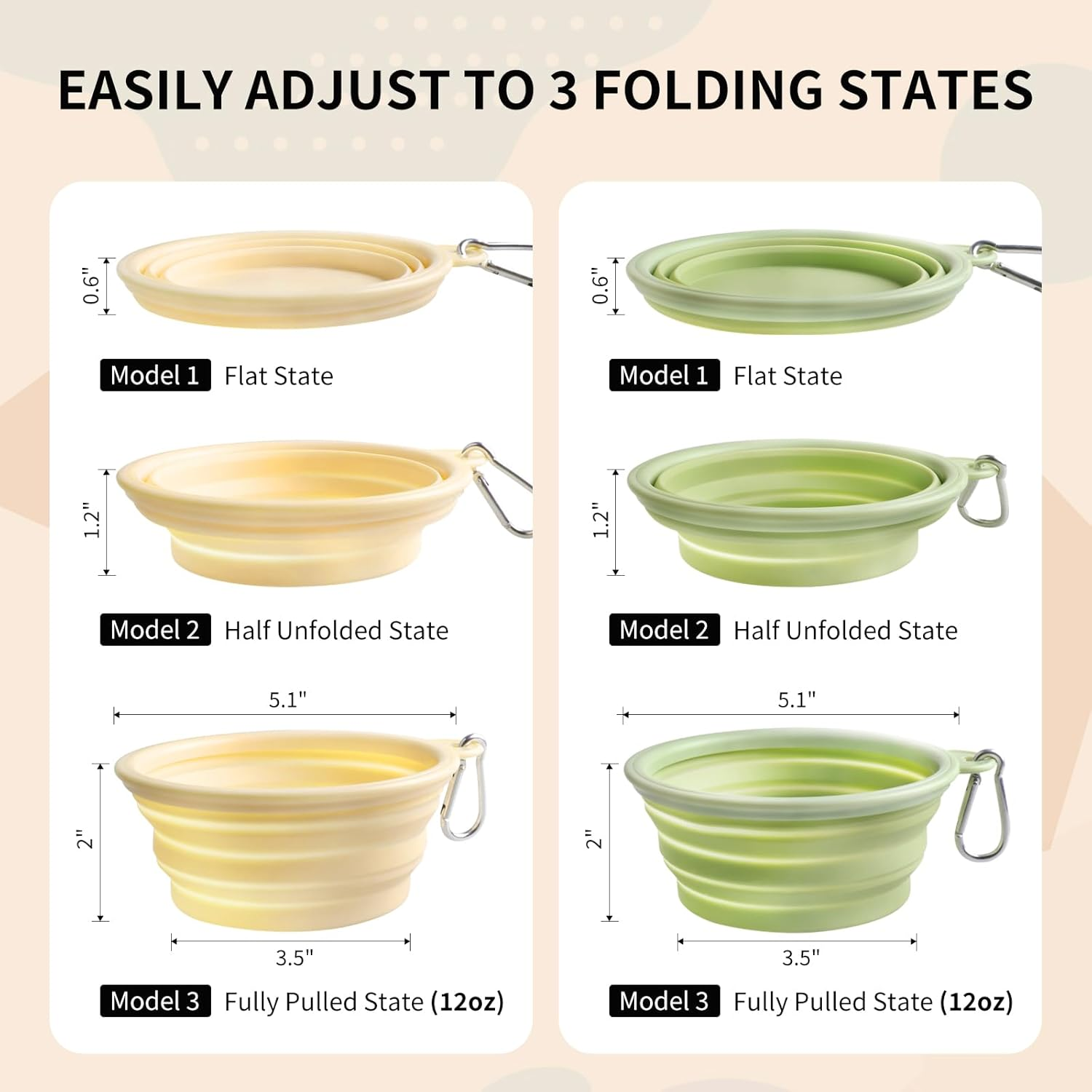 Collapsible Dog Bowls 2-Pack, Portable Travel Dog Bowl with Carabiner, Food-Grade Silicone Pet Bowl for Hiking, Walking(Macaron Yellow and Green)