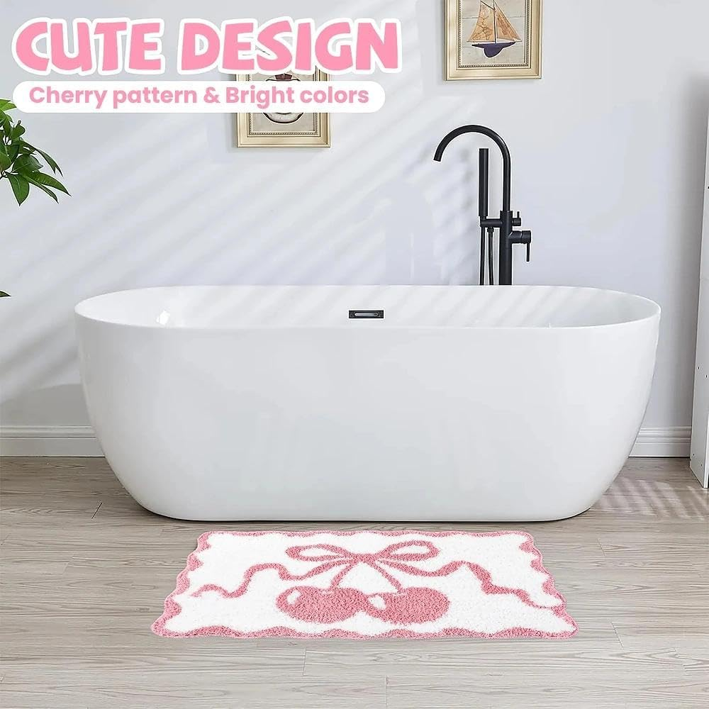 Cherry Bathmat, Non-Slip Bath Mat with Pink Cherry Design, Fluffy Faux Cashmere Bath Rug, Absorbent Pink Bath Mat for Bathroom & Kitchen, Machine Washable