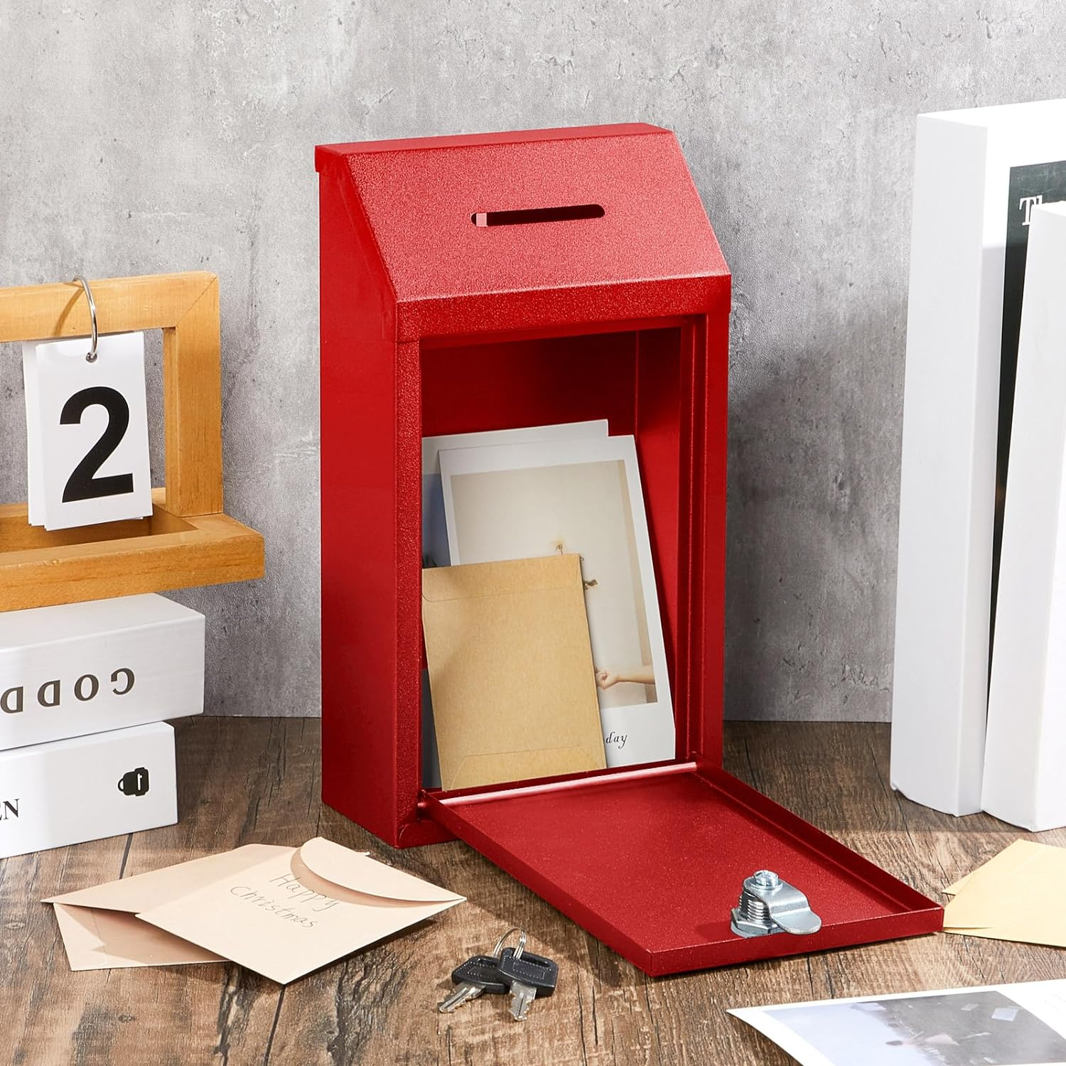 Metal Donation Cash Box Collection Safe Suggestion Box with Lock Wall Mounted Mailbox Delivery Ballot Container for Home Office Outdoor Door(Red) image number 5