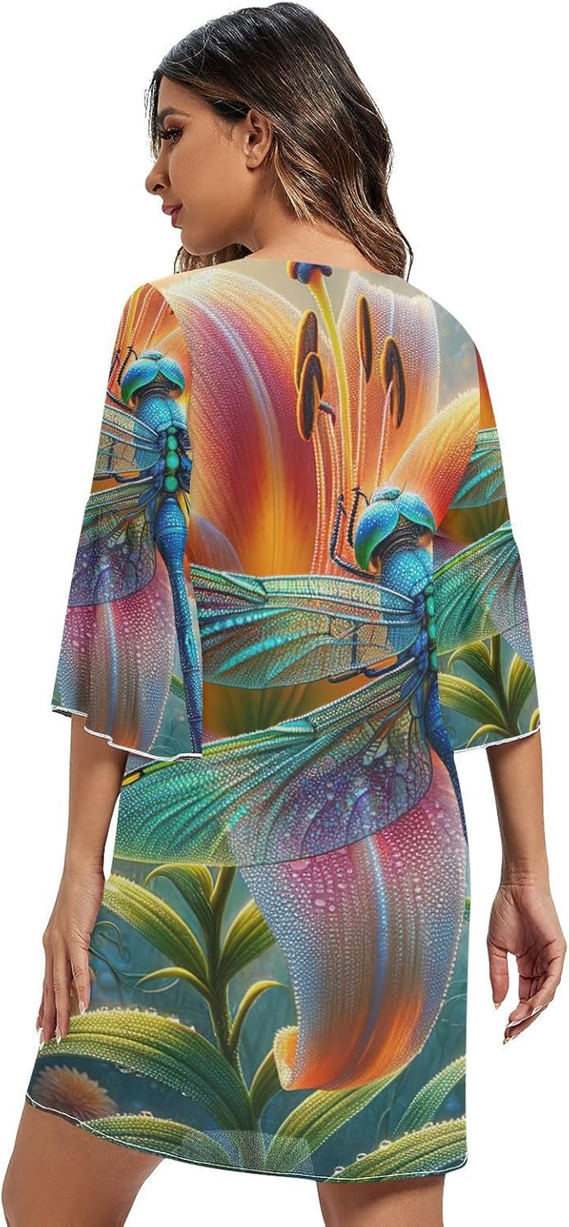 Beautiful Dragonfly Flowers Casual V Neck Dress 3/4 Sleeve Maternity Dress Party S-XXL image number 1