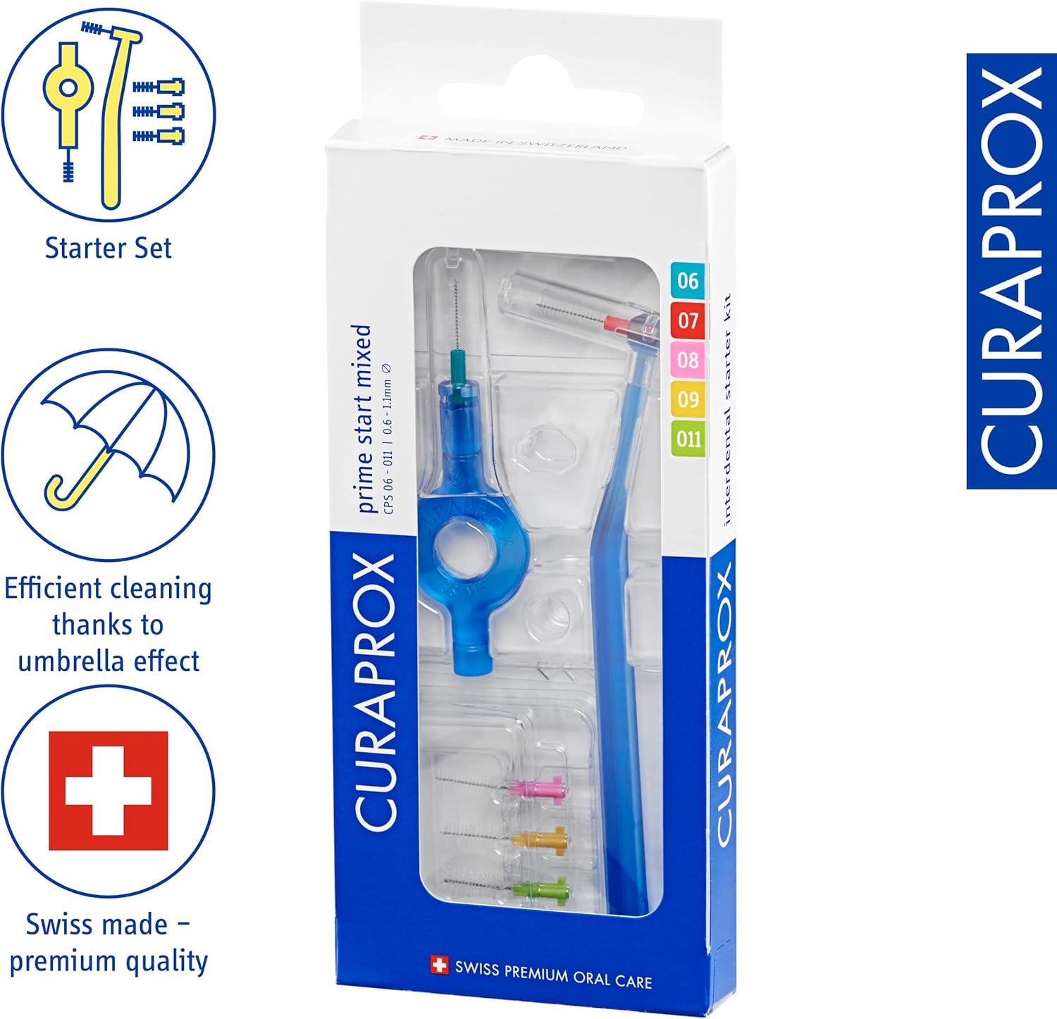 Curaprox Interdental Brushes Prime Start Mixed Set, CPS 06 + CPS 07 + CPS 08 + CPS 09 + CPS 11 + UHS 409 Brush Holder + UHS 470 Brush Holder, Blue