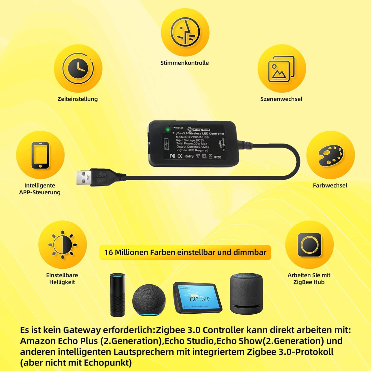 Zigbee 3.0 USB RGBWW LED Strip Works with Hub Bridge, Alexa Echo plus for Smart App/Voice Control, RGB, Cool White, Warm White, TV Atmosphere, Light Strip, 5 V, Alexa LED Strip, RGBCCT