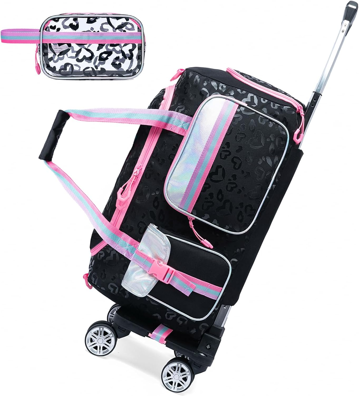 Kids Rolling Duffle Bag with Wheels Women Girls Duffle Bag with Wheels and Handle with Makeup Bag Travel Toiletry Bag, Pink Love