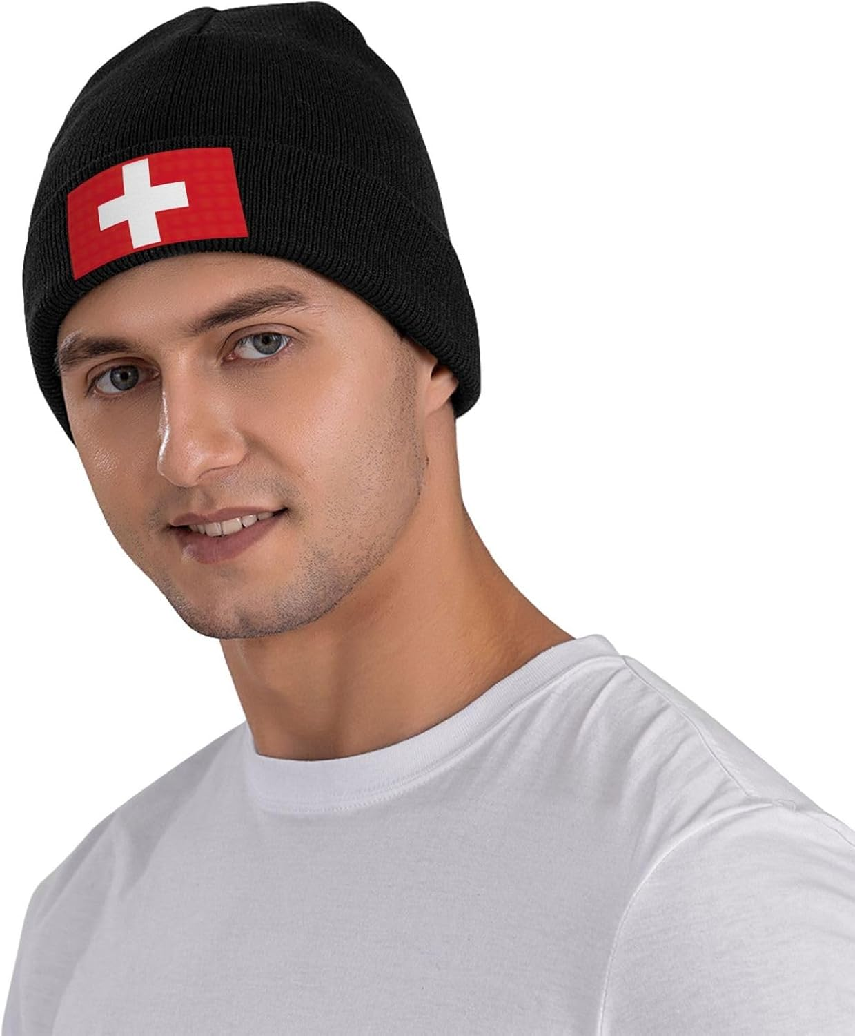 DRTGEDS Swiss Flag Winter Beanie for Men Women,Warm Lined Beanie Soft Warm Knit Hat Cuffed Cap for Cold Weather - Black image number 6