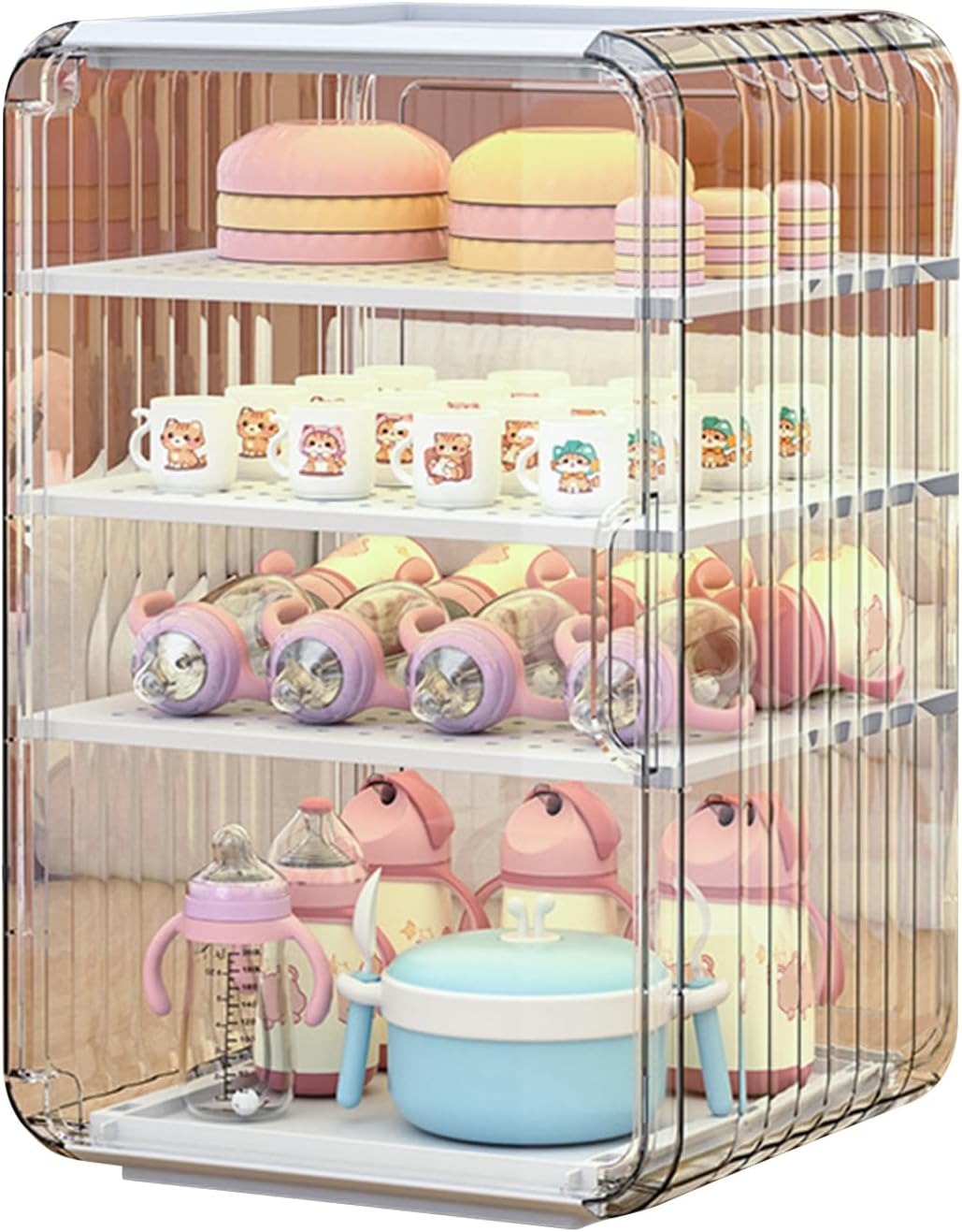 Baby Bottle Storage Organizer for Countertop Cabinet, 3/4 Layers Nursery Drying Rack Child Tableware, Baby Bottles Station Organizer Container, Space-Saving Dust Protection Clear Bottle Holder