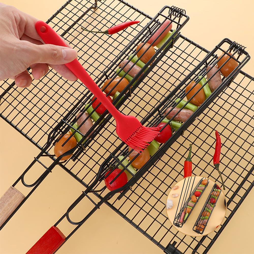 2 Pack Non-Stick Single Kabob Baskets, Barbecue Grill Basket，Bbq Square Grill Mesh with Long Wooden Handle for Fish Vegetable Sausage Meat image number 4