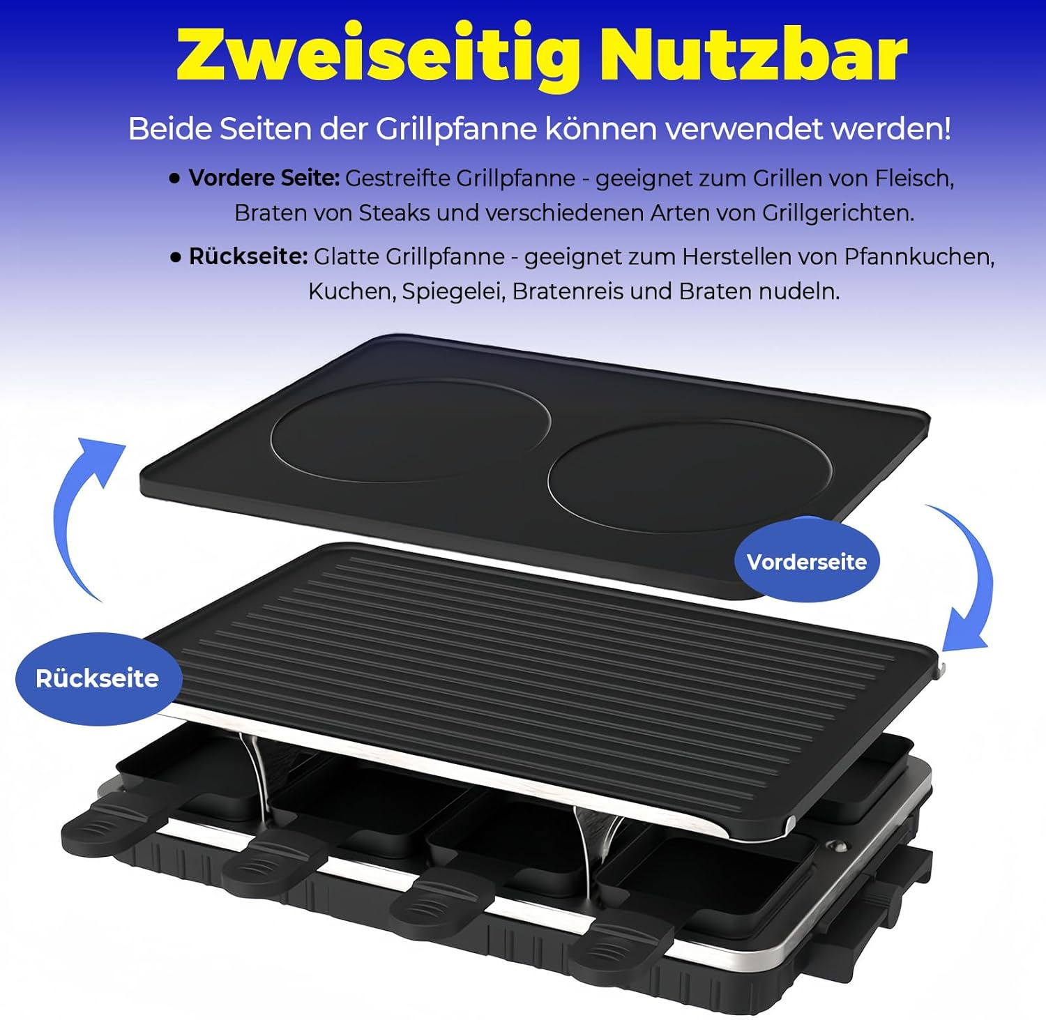 Leukoles Reversible Raclette Grill, Raclette for 8 Persons, 1300W Non-Stick Electric Grill with 8 Mini Raclette Cheese Pans & 1 Wooden Spatula, for Indoor Barbecuing in the Family image number 2