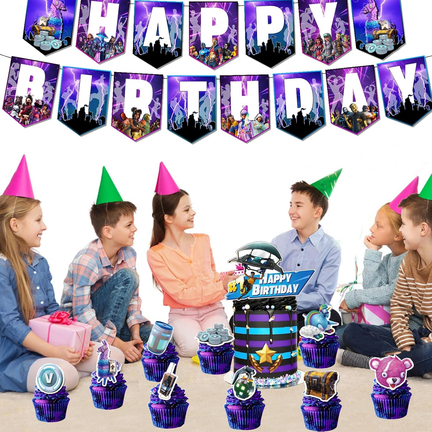 Doyomtoy Game Theme Birthday Cake Decoration Pack, 30 Pieces, Includes 1 Happy Birthday Banner, 16 Latex Balloons, 1 Large Cake Decoration, 12 Small Toppers, Purple, Video Game, Cartoon Pattern image number 5
