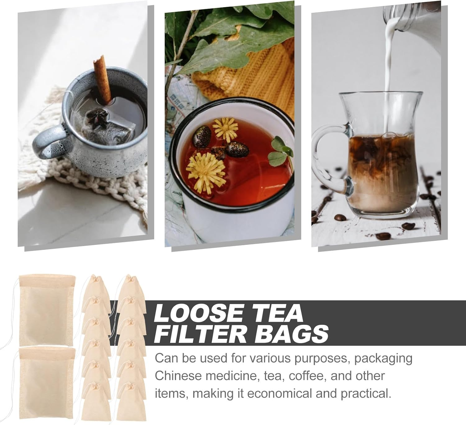 ULTECHNOVO 100Pcs Drawstring Tea Filter Bags Natural Color Coffee Filter Bags 6X8Cm Disposable Strainer and Herbal Use image number 4