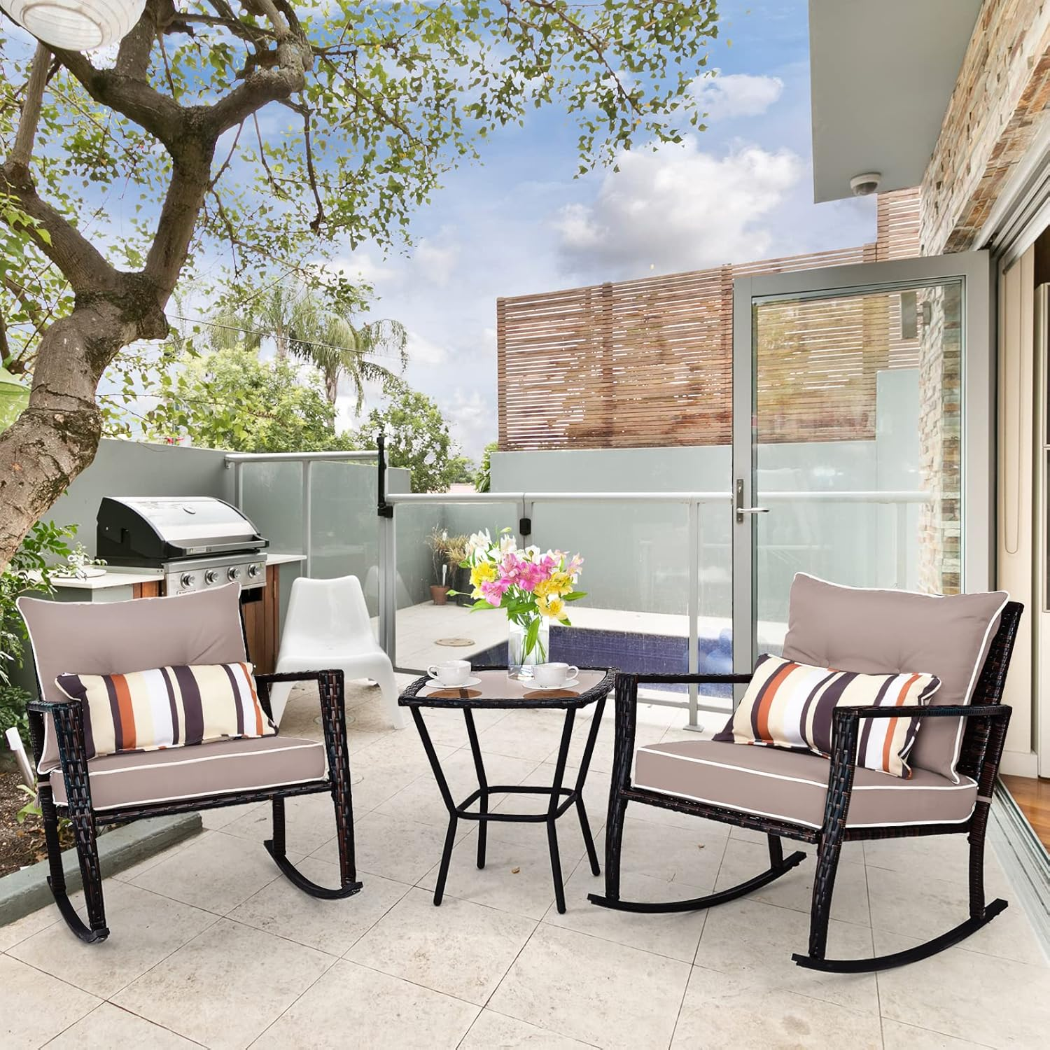 Costway 3PCS Patio Rocking Chair Set W/Lumbar Pillows, Soft Detachable Cushions, All Weather Chaise Lounge Chairs, Outdoor Rattan Wicker Bistro Set - Two Chairs & Tempered Glass Coffee Table (Brown) image number 2