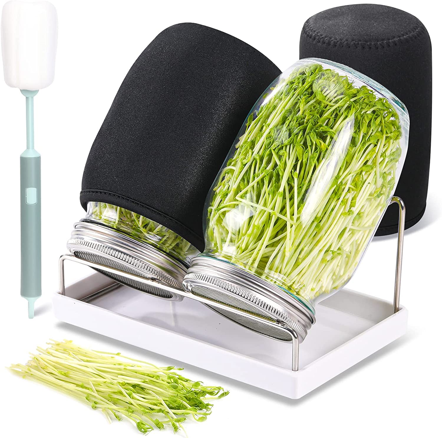 Sprouting Jar Kit 2Pcs Large Wide Mouth Mason Jars with Stainless Steel Screen Sprout Lid,Sprouting Jar Stand,Tray,Blackout Sleeves,Brush-Seed Sprouting Kit for Growing Mung Beans,Broccoli and so On image number 1