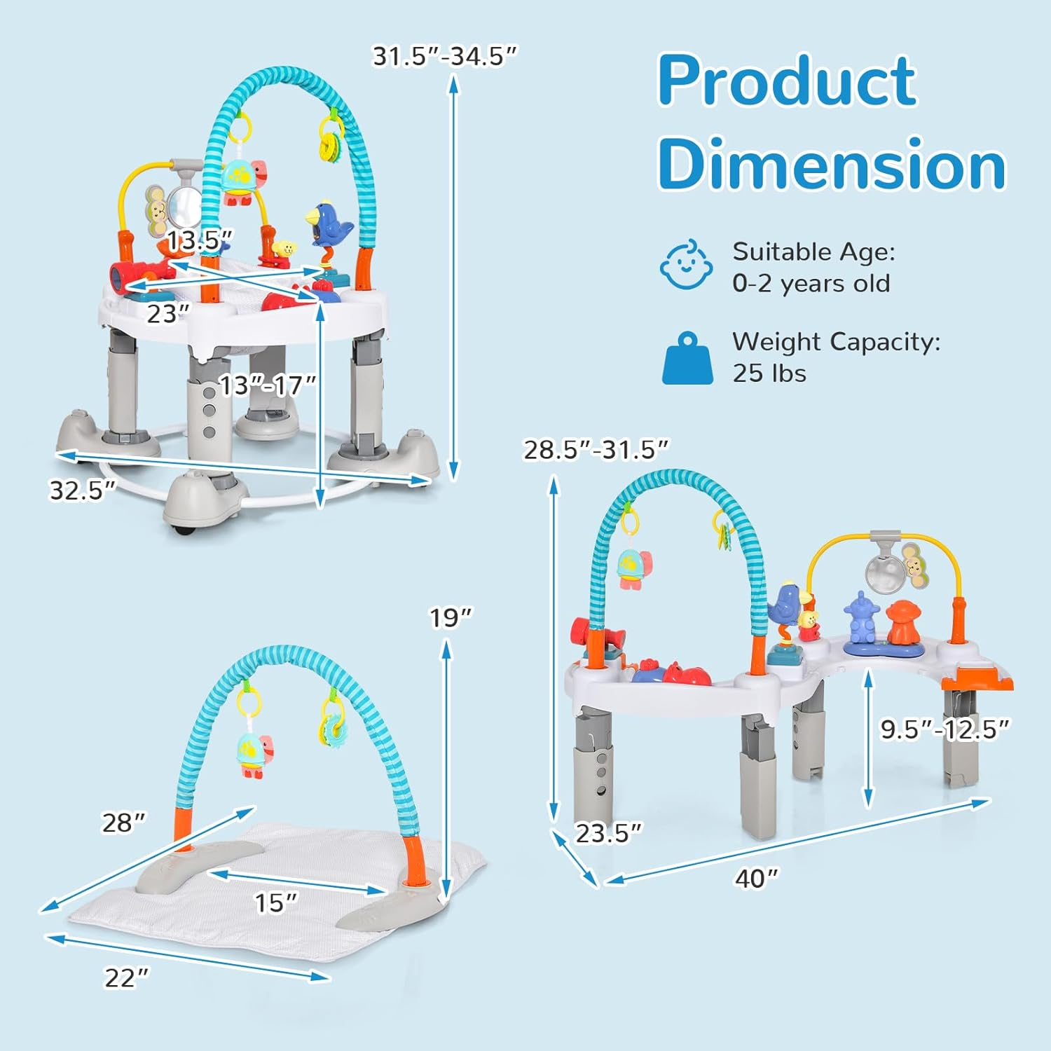 INFANS Baby Bouncer Activity Center, 5 in 1 Toddler Bouncing Activity Saucer Playtime Mat Activity Table with 360&deg;Rotating Seat, 3 Adjustable Height, Foldable Exersaucer Learning Walker (Light Grey)