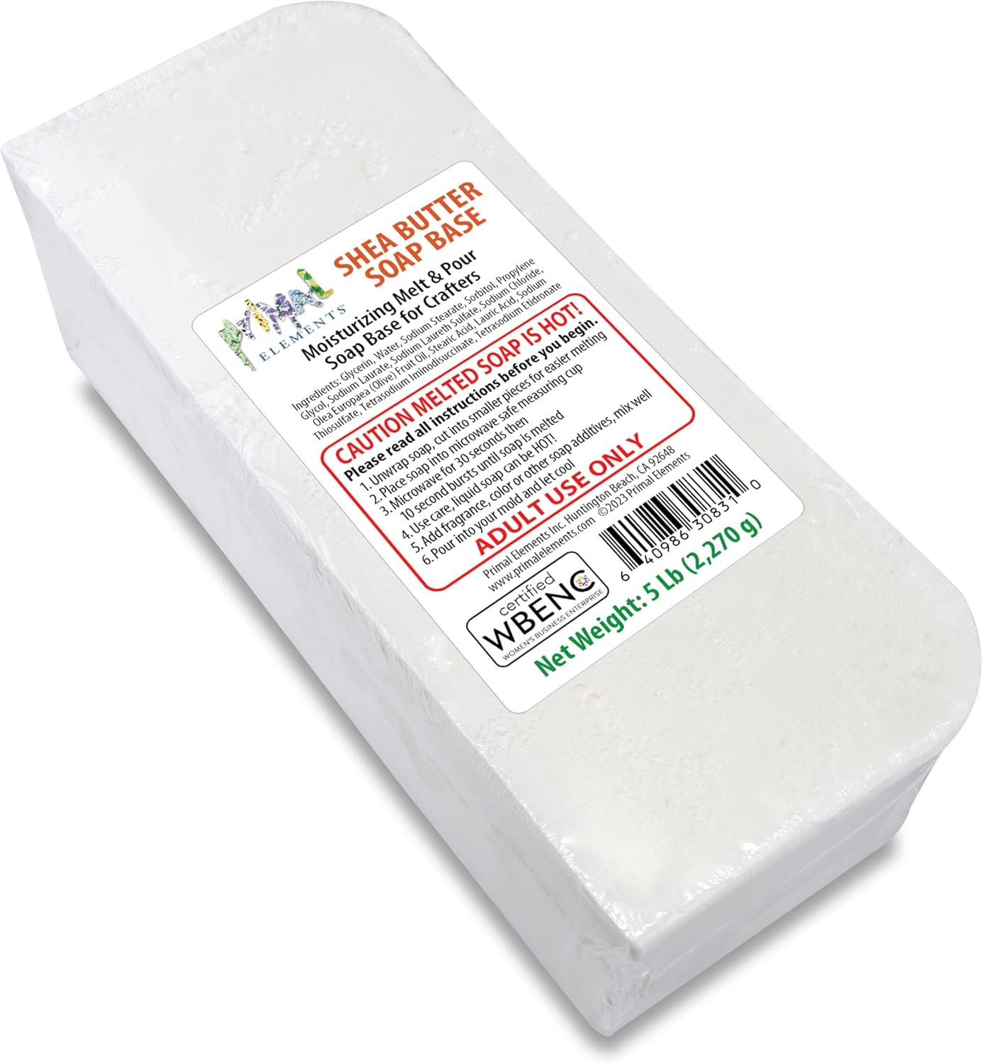 Primal Elements Shea Butter - Moisturizing Melt and Pour Glycerin Soap Base for Crafting and Soap Making, Vegan, Cruelty Free, Easy to Cut - 5 Pound