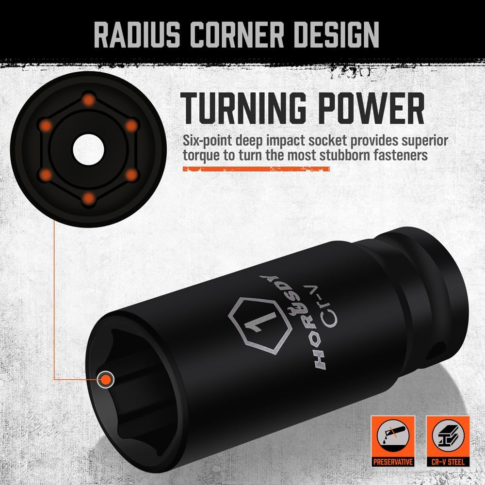 HORUSDY 19-Piece 1/2-Inch Drive Impact Socket Set, Imperial 3/8-1-1/4 Inch 6-Point Deep Sockets Set SAE Heavy Duty with Storage Case image number 4