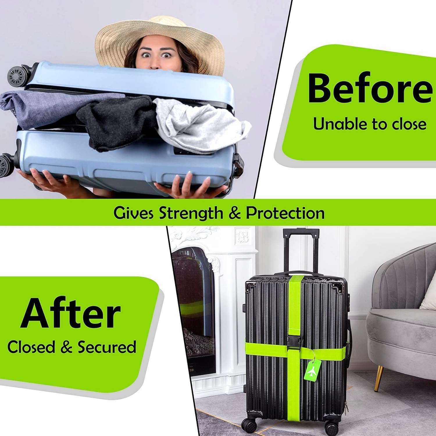 4 Pack Luggage Straps for Suitcases TSA Approved & Suitcase Identifiers Unique Luggage Tags and Straps Set, Adjustable Suitcase Belt Straps with Buckles to Keep Suitcase Secure While Traveling (Green) image number 4