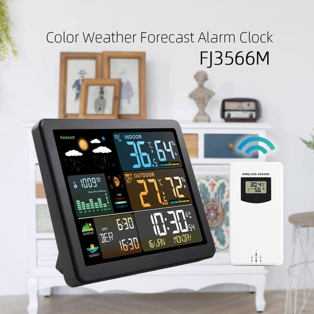 FJ3566M Smart Weather Station with Clock Indoor and Outdoor Temperature & Humidity Meter Multifunctional Large Color Screen Weather Clock Temperature & Humidity Gauge with 1 Sensor(Support up T image number 6