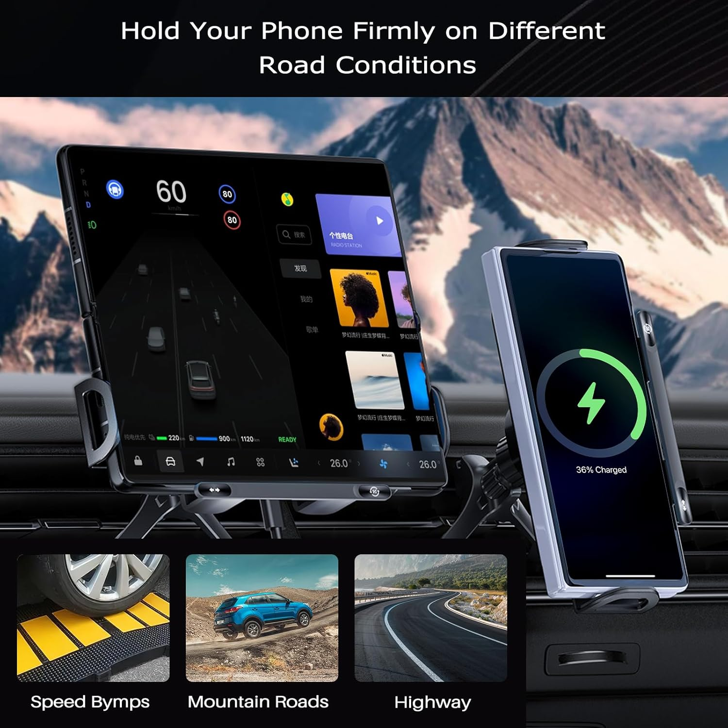 UOEPOWA Car Mount Charger, Quick Charging with Dual Coil, Smart Sensor Clamp, Stable Shock-Resistant Grip, 90 Degree Rotation for Car Vent Stable on Bumpy Roads or Highway Rides (Style 1) image number 3