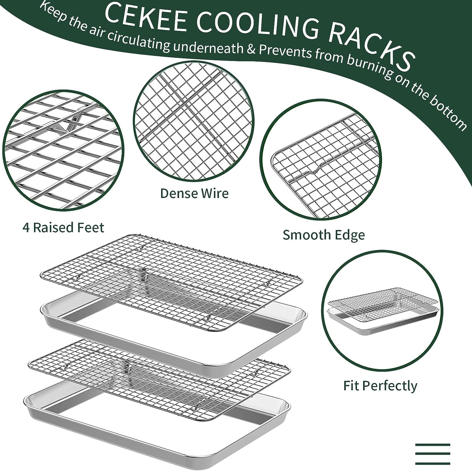 CEKEE Quarter Sheet Pan with Cooling Rack Set [2 Baking Sheets + 2 Baking Racks], Stainless Steel Cookie Sheets for Baking and Wire Rack - Rust & Warp Resistant & Nonstick, Size 12 X 9.8 X 1 Inch