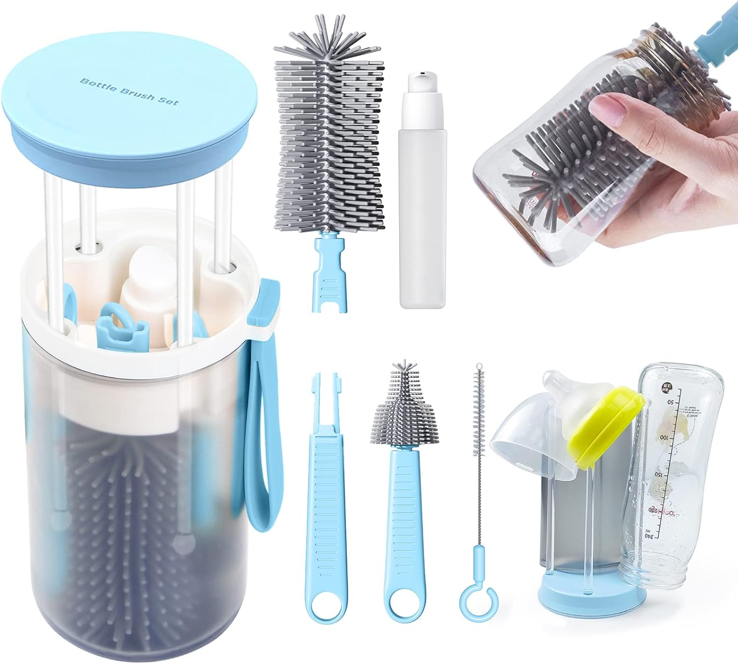 Travel Bottle Cleaner Kit, Baby Bottle Brush Set with Extendable Liquid Silicone Brush, Nipple Brush, Straw Brush, Drying Rack, Bottle Soap Dispenser, Baby Bottle Scrubber Brush for New Mom