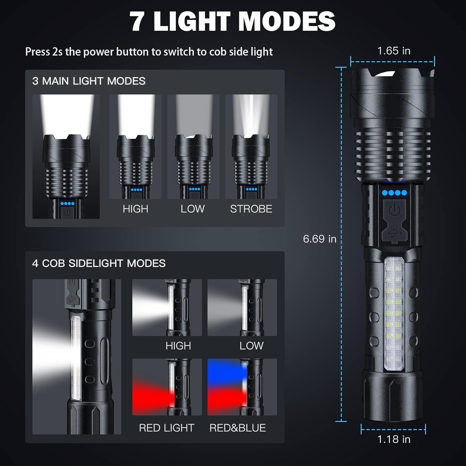LED Torch Rechargeable 20000 Lumens Super Bright Adjustable Focus Flashlight, 7 Light Modes IPX6 Waterproof Powerful Handheld Flash Light for Power Cuts, Emergency, Camping, Hiking, Outdoor image number 6