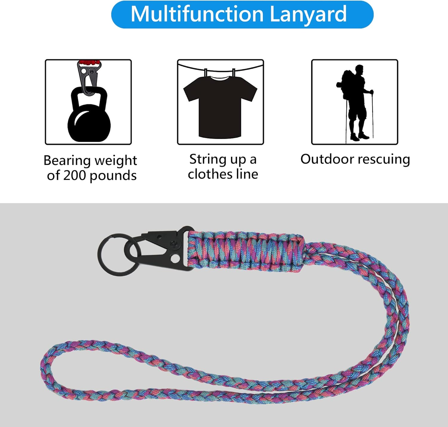 Heavy Duty Paracord Lanyard Keychain, Paracord Necklace Cell Phone Keychain Whistles Wrist Braided image number 5