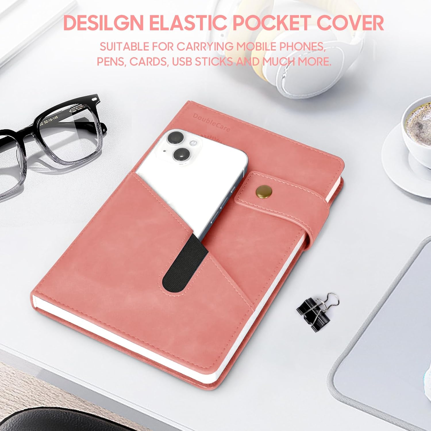 A5 Hardcover Vegan Leather with Divider, Hardcover Notebook with Pocket, Ruled Note Book Office School Supplies with Pen, Office, Business Trips, for Men Women (Pink) image number 5