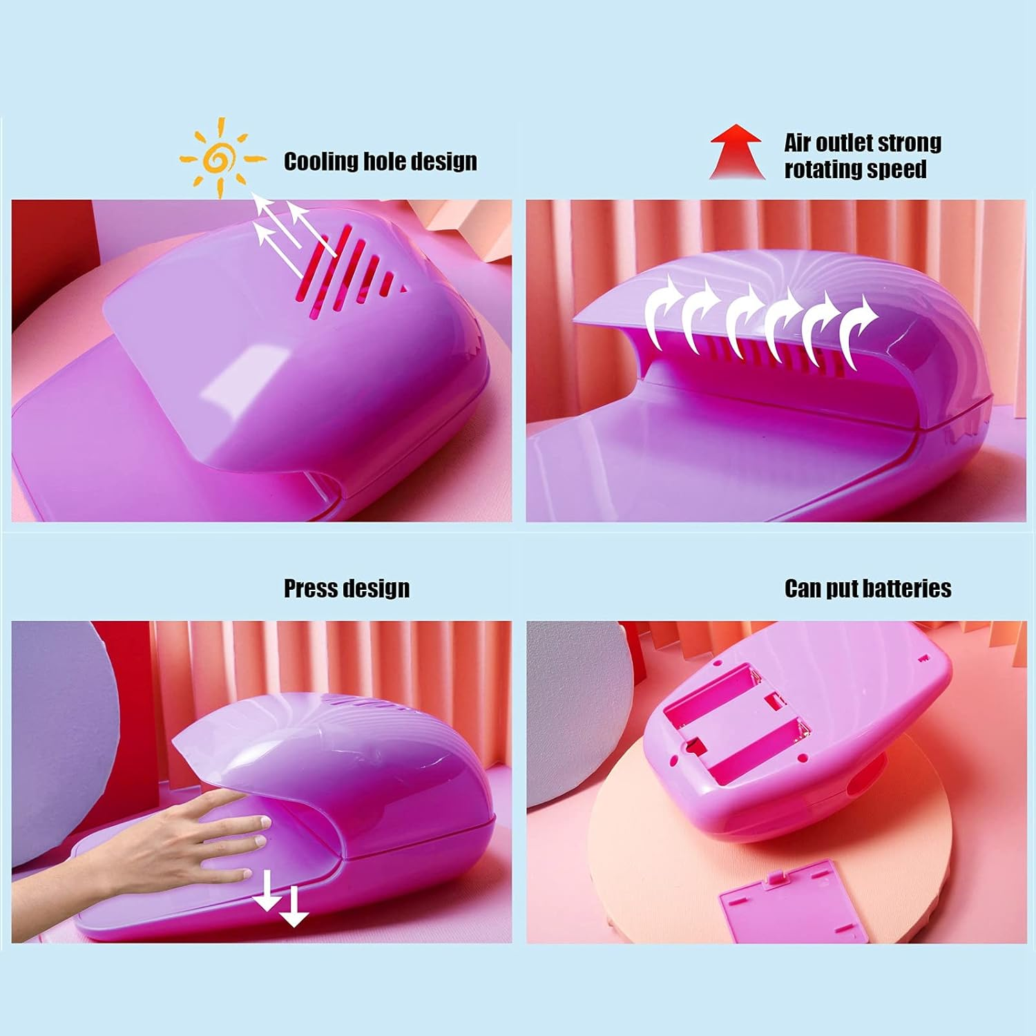 Marhynchus Portable Nail Polish Dryer Quick Dry Nail Dryer Blower for Regular Gel Acrylic Polish with Air Spray Safe for Kids Salon Home Travel (Purple) - Pink image number 5