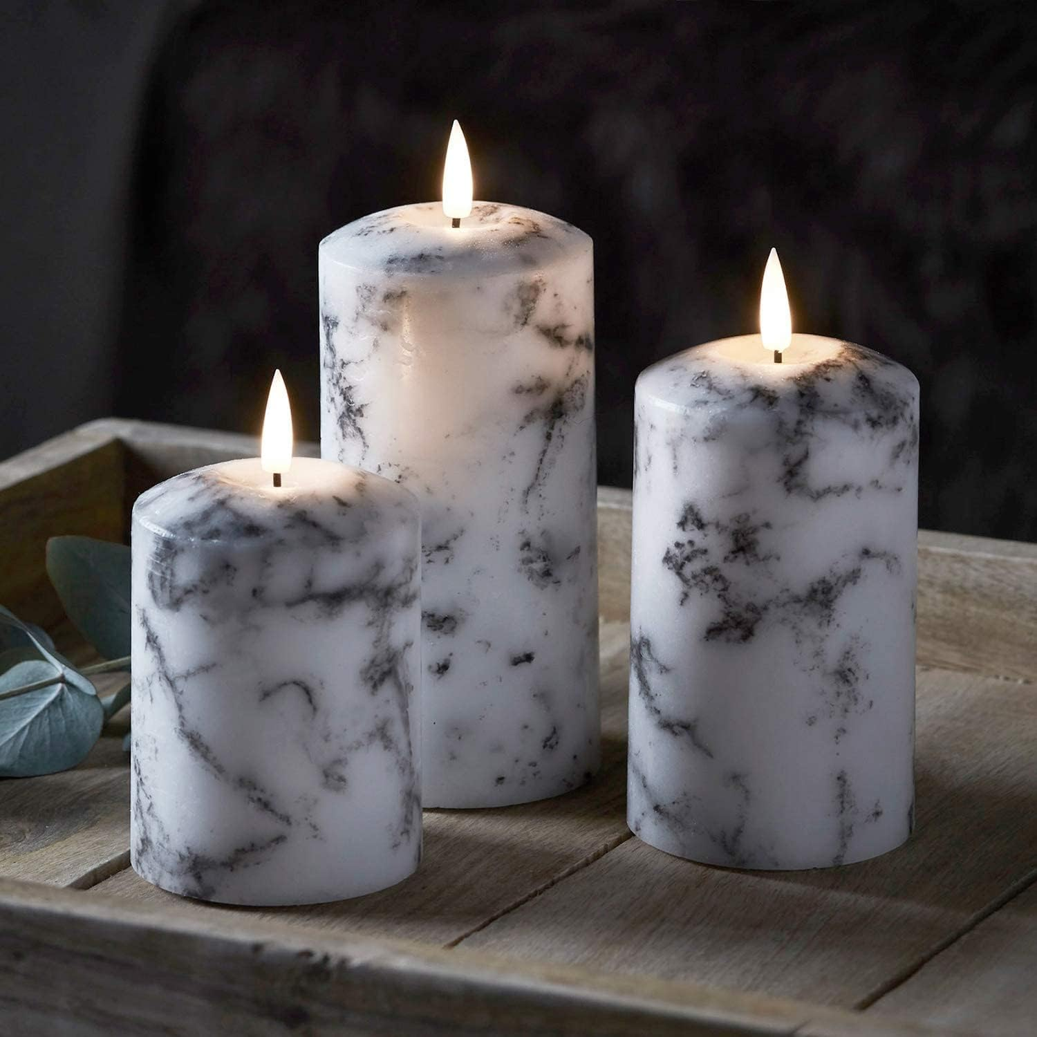 Set of 2 LED Marble Effect Wax Pillar Candles - 3 Size Options - 18Cm image number 3