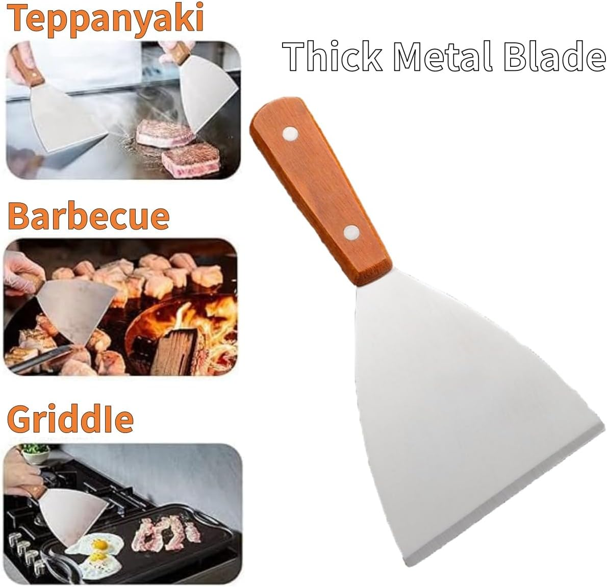 2 Piece Stainless Steel Grill Scraper Tool, with Wooden Handle, Versatile Grill Scraper Tool for Cooking of Pancakes, Pizzas, Beveled Edges image number 3