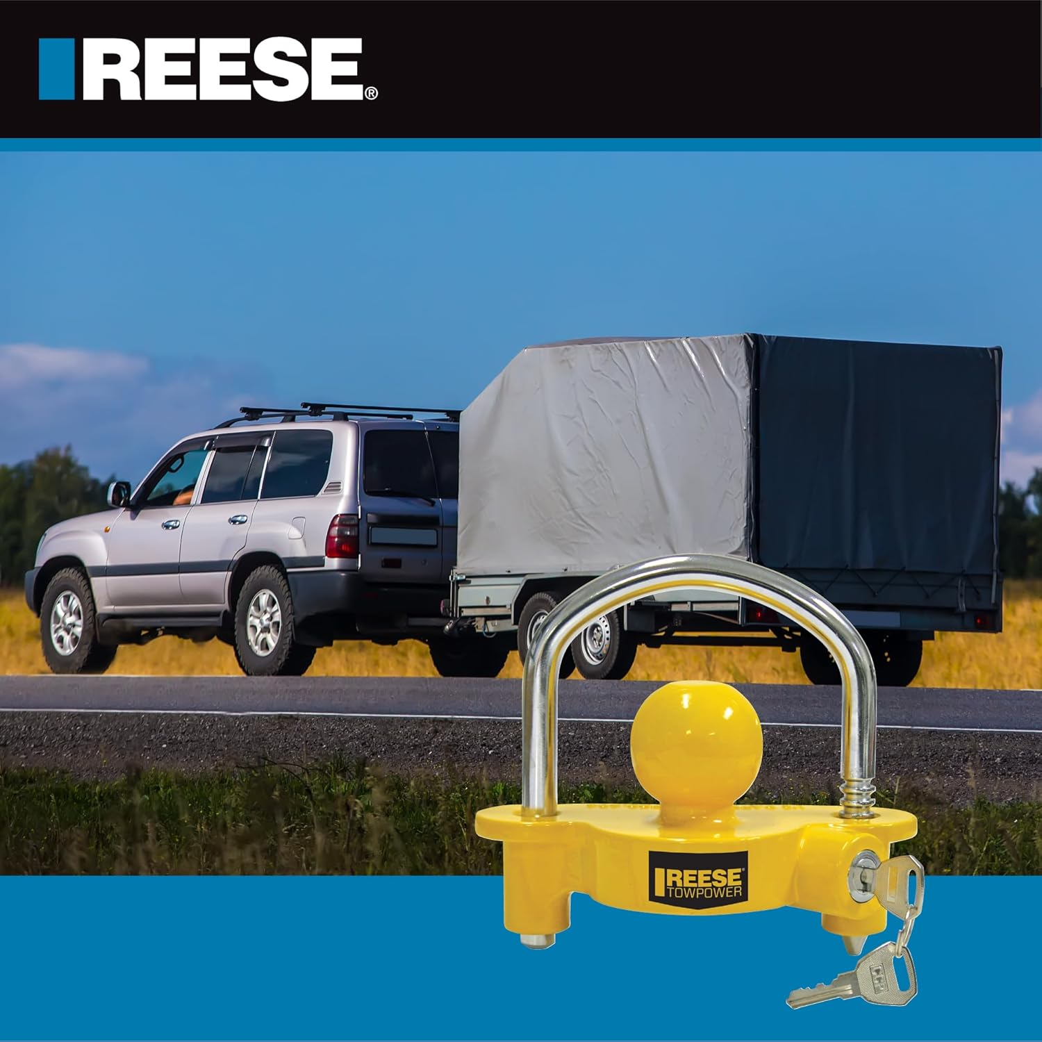 REESE Towpower 72783 Coupler Lock, Adjustable Storage Security, Heavy-Duty Steel, Yellow and Chrome image number 2