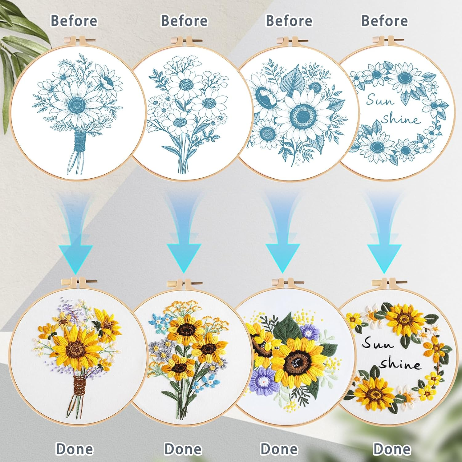 SHIPKEY 4 Sets Embroidery Kit, Beginner Stamped Stitching Kit for Adult, Starter Hand Embroidered Kits with Stamped Patterns | Sunflower