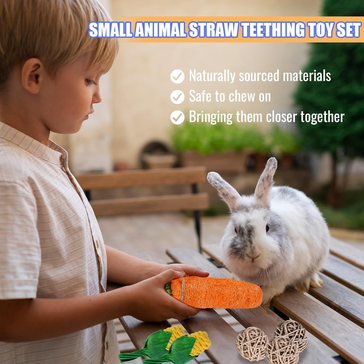 16Pcs Bunny Chew Toy, Rabbits Cage Hanging Chew Toys and Rattan for Guinea Pigs Chinchillas Hamsters Rats and Other Small Pets Teeth Grinding