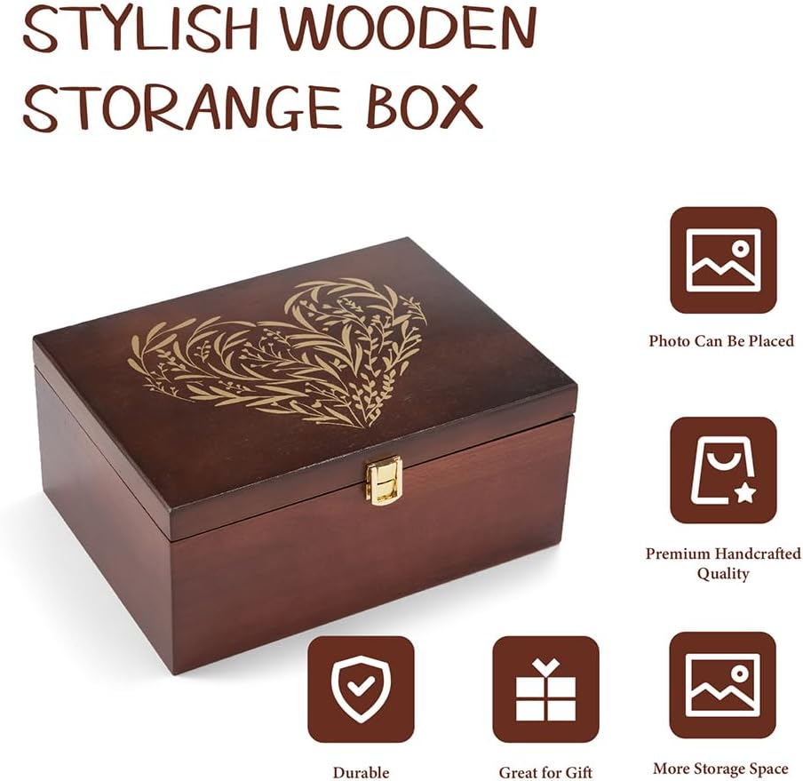 Larger Wooden Memory Keepsake Boxes with Hinged Lids and a Photo Frame inside the Lid - Decorative Storage Box with a Hinge Lids for Picture Letter Time Capsule - Wooden Gift Boxes，5.3&ldquo;*8.6&rdquo;*11.7&ldquo; image number 6