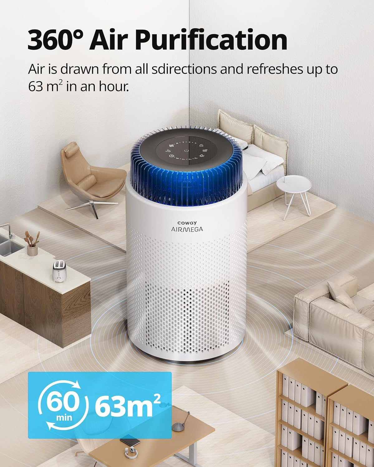 COWAY AIRMEGA 100 Air Purifier (White) - H13 True HEPA Filter for Bushfire Smoke, Allergies, Pollen Dust, Mould, Pet Hair, Dander | 360&deg; Quiet Air Cleaner with Sleep Mode (20Db), Calming Night Light image number 1