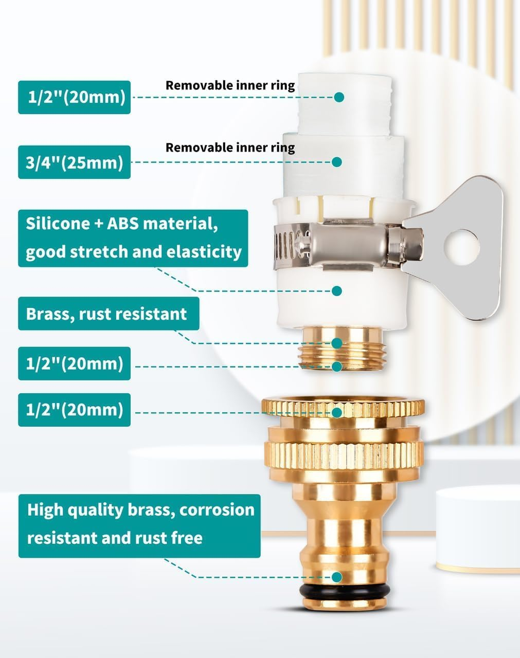 MLUOTALY Garden Hose Connector Kit, 1/2 Inch and 3/4 Inch Solid Brass Hose Tap Connectors, Tap Connector with Sealing Ring for Outdoor, Garden, Courtyard, Lawn (9Pack) image number 5