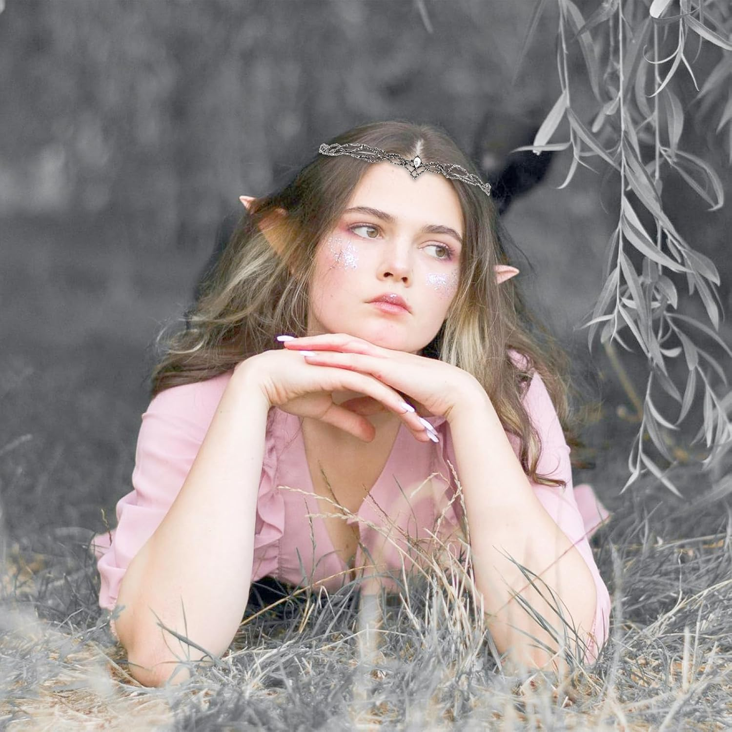 ANBALA Rhinestone Fairy Crown for Women Crystal Elf Crown Circlet Costume Headwear for Men Renaissance Headpiece for Birthday Party Cosplay Halloween