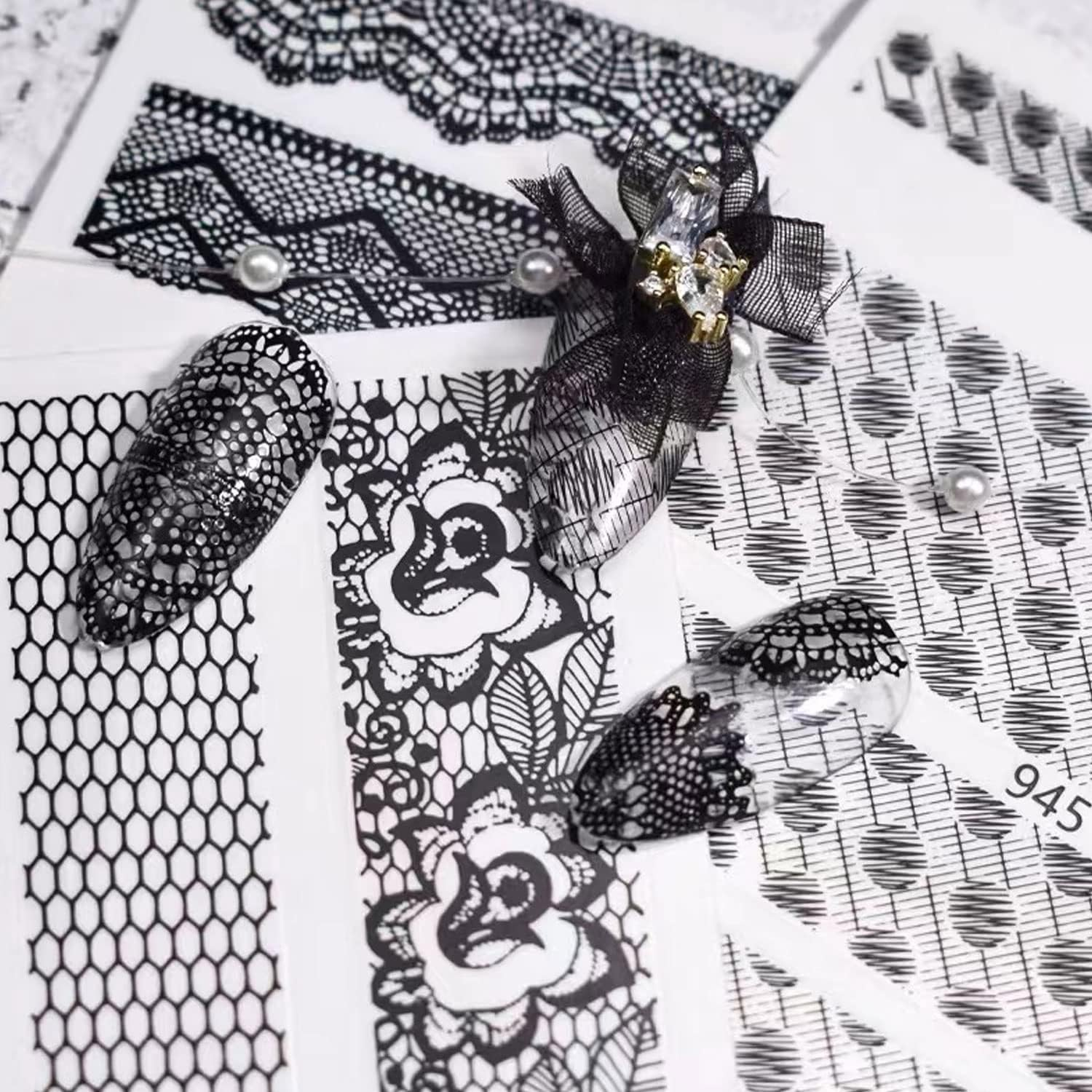 Black Lace 3D Nail Art Sticker Decal - Dots Flower Self-Adhesive Design for Acrylic Decoration - Women'S Manicure Decor - 6 Sheets - Black image number 3
