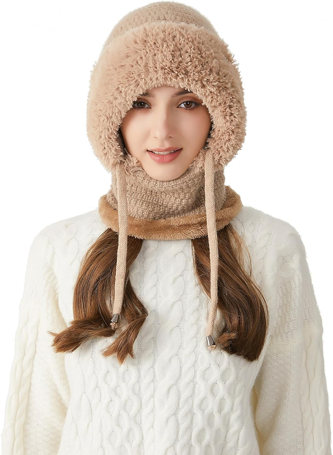 KEOYA Women'S Knit One-Piece Hat with Scarf Elastic Face Mask Fleece Balaclava with Drawstring Winter Warm Ski Beanie Cap image number 5