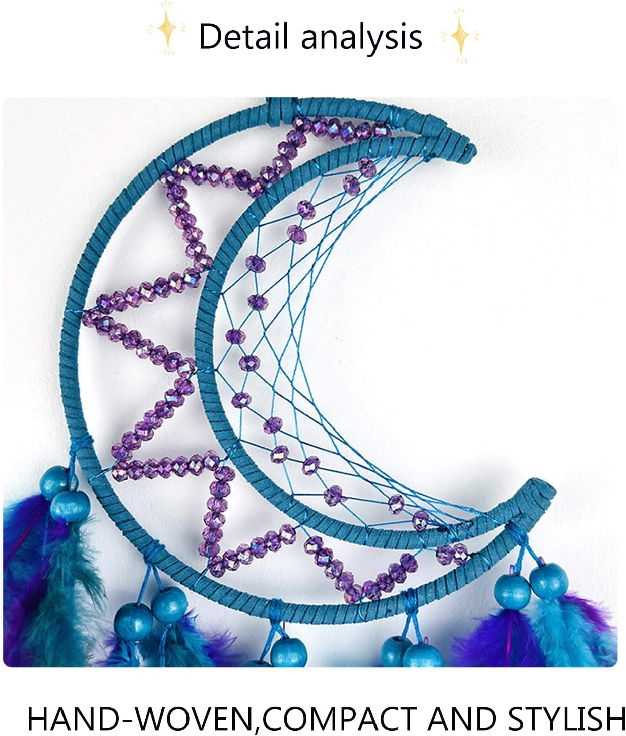 Moon Dream Catcher Handmade Feather Wood Beads Wall Hanging Decor - Blue Purple Bohemian Ornament for Kids Bedroom Home Decoration - Art Craft Gift