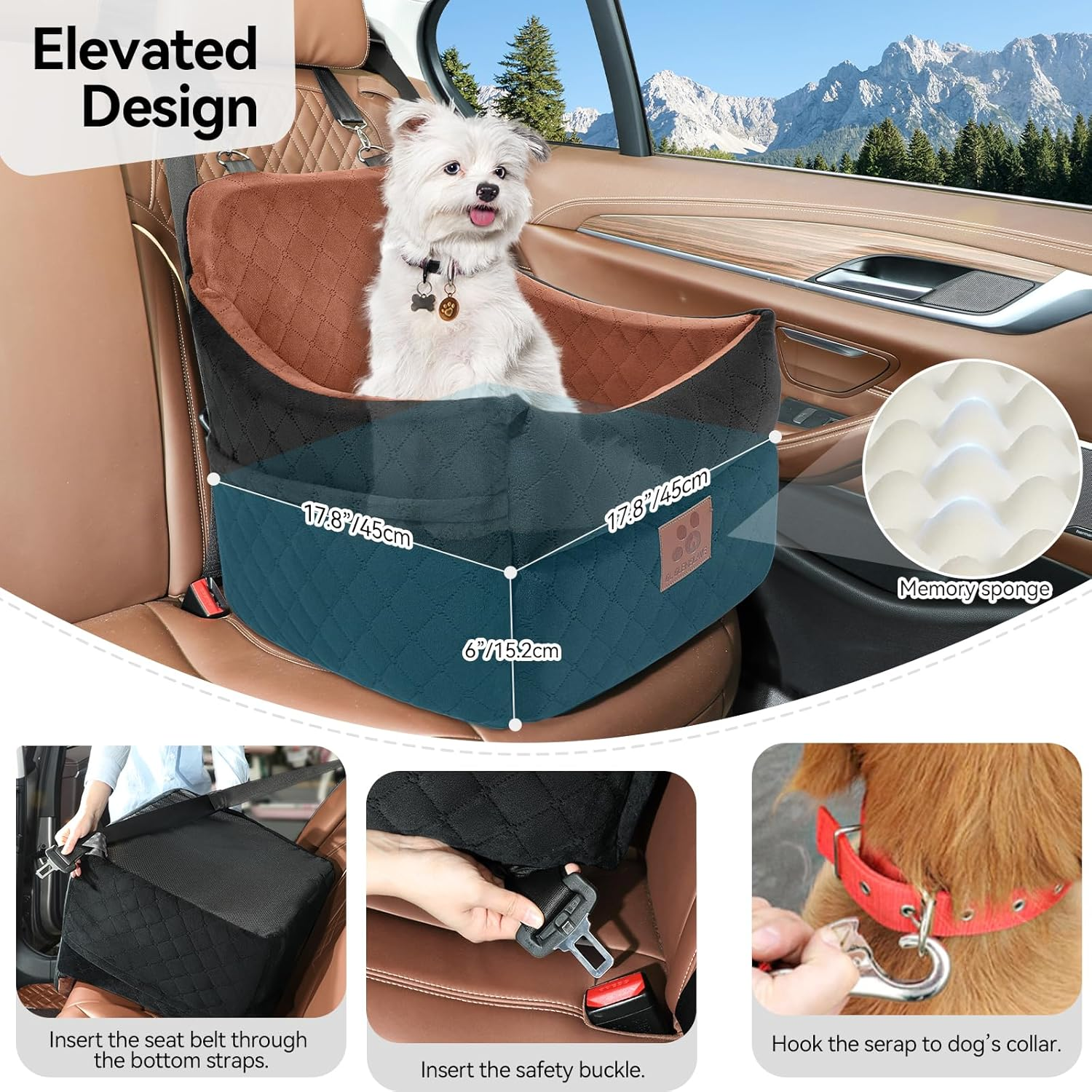 Dog Car Seat for Small/Medium Dogs, Dog Booster Car Seats with Thick Cushion for Dogs under 35Lbs, Detachable Washable Pet Car Seat with Storage Pockets, 2 Safety Belts (Black/Brown) image number 1
