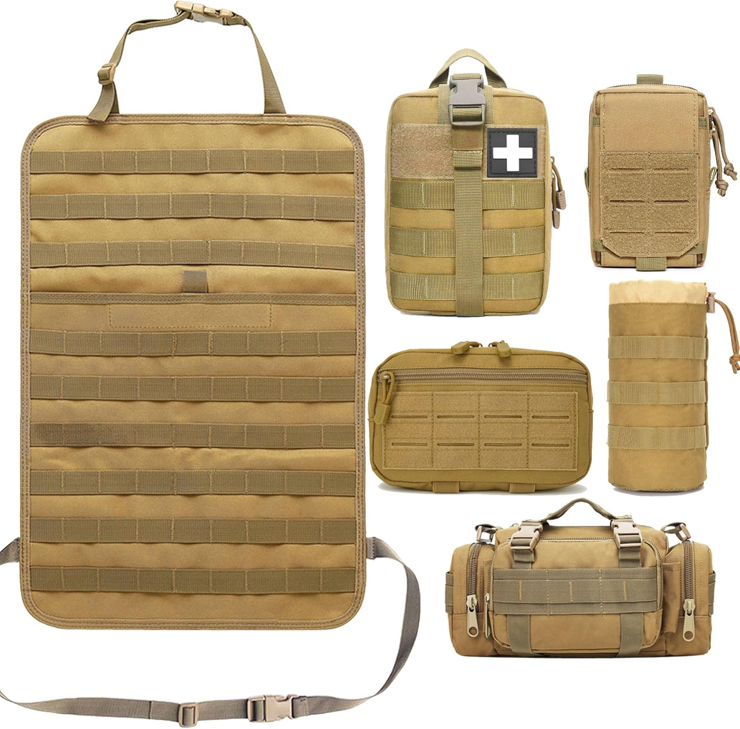 Molle Seat Back Organizer,Universal Tactical Car Back Seat Organizer Bag Vehicle Organizers Panel Protector Organizers with 5 Detachable Pouches for Car Truck Jeep Vehicle (Black)