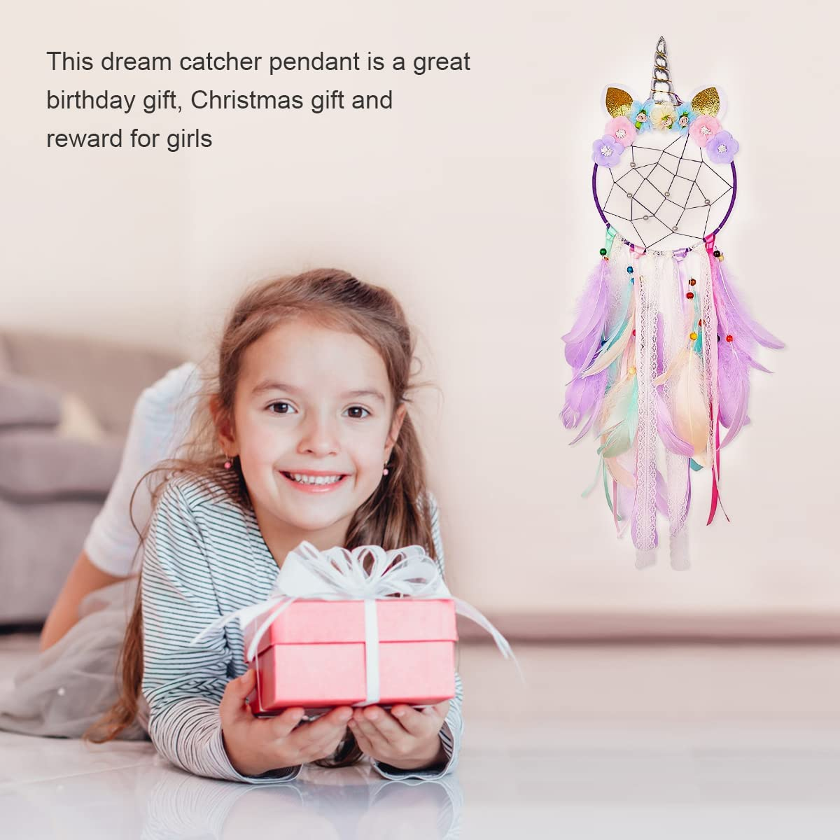 Dream Catchers for Kids Colorful Feather Dream Catcher Handmade Flowers for Girls Kids Bedroom Nursery Wall Decoration Blessing Gift(Purple) image number 4