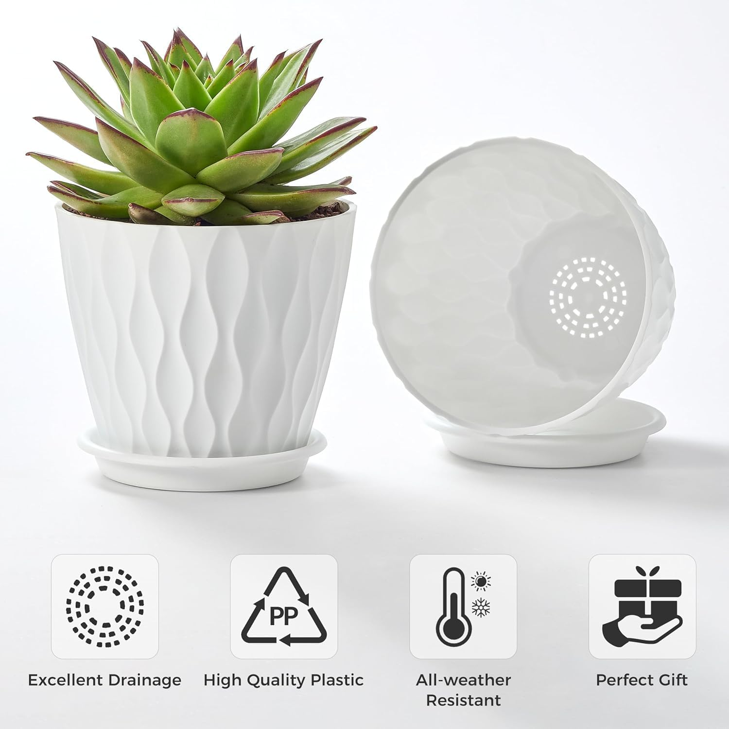 Plant Pots with Drainage 6 Inches Home Decor Flower Pots for Indoor Planter Pack of 6 Plastic Planters for Indoor Plants, Cactus, Succulents Pot - White image number 5