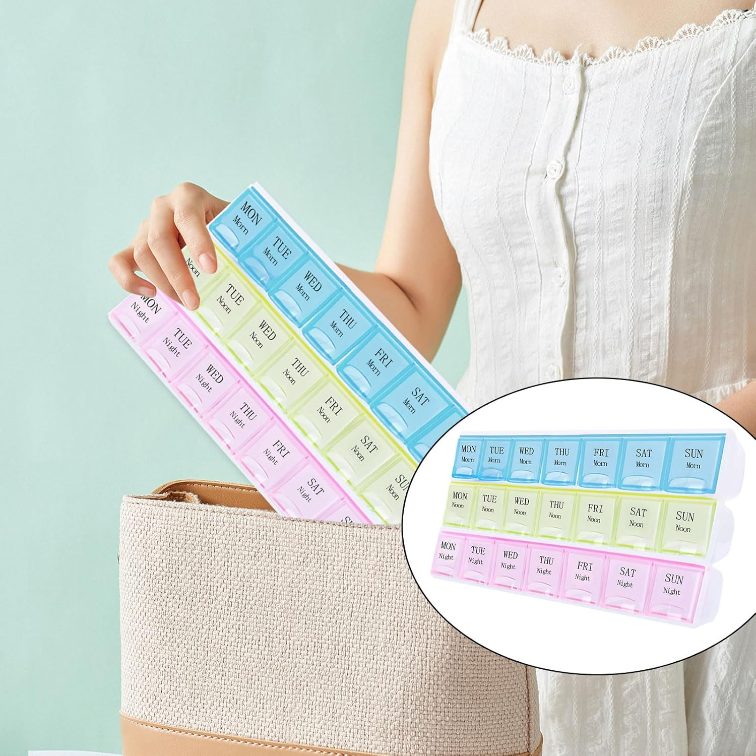 Pill Organiser, 3-Color 21-Grid Moisture-Proof Weekly Pill Organiser for Morning, Noon and Evening, Portable Medicine Reminder Medicine Organiser, for Pills Vitamins Fish Oil Supplement image number 3