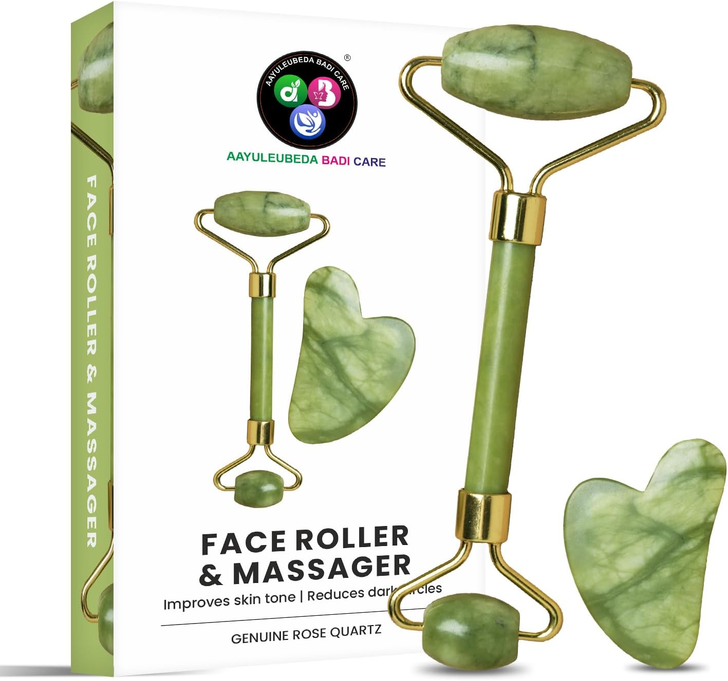 Aayuleubeda Badi Care ABC Face Roller & Massager Anti-Aging Facial Roller Natural Green Jade Beauty Massager Tool Skin Tool for Face Neck Eye to Reduce Wrinkles and Relax Body Muscles (Stone Roller)