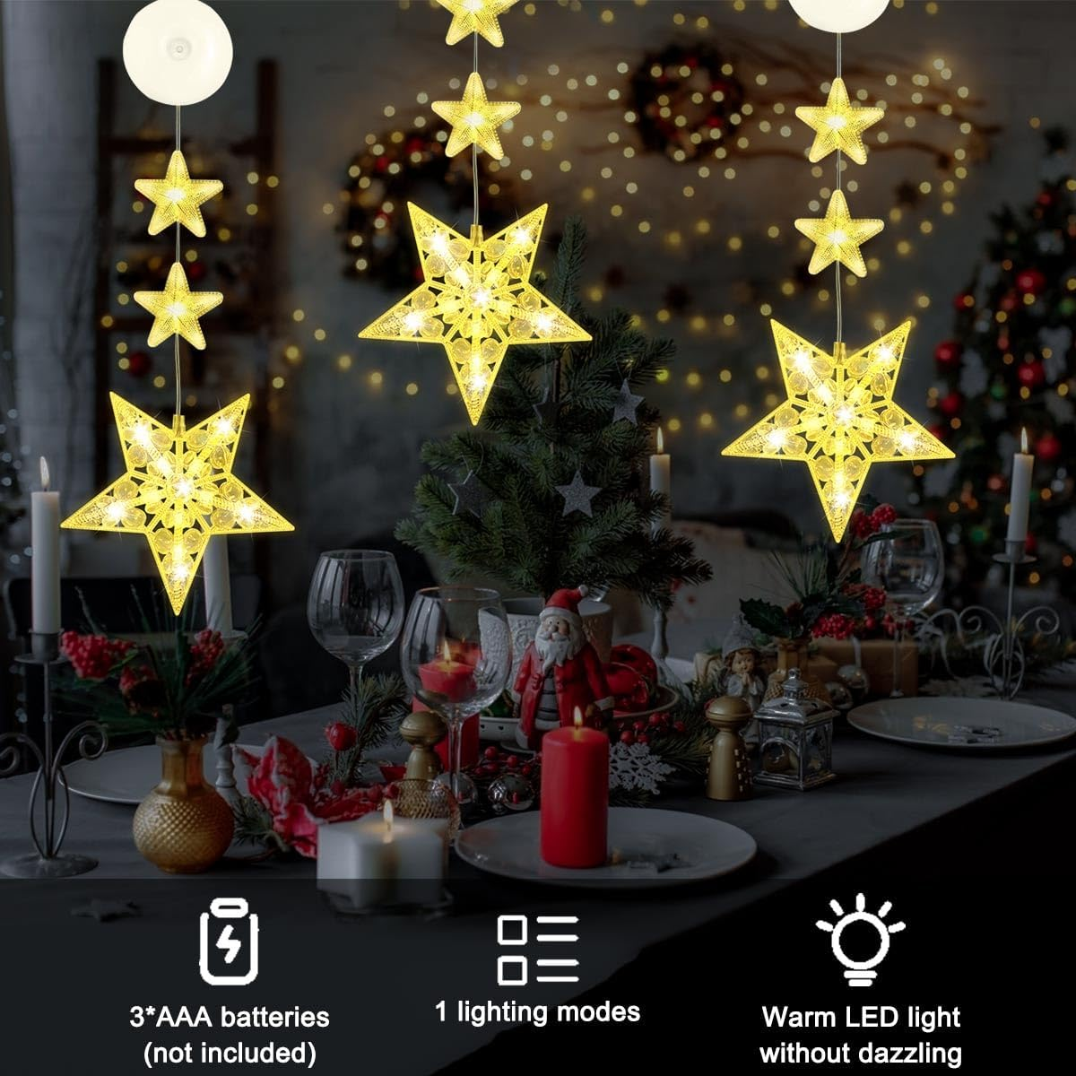 LGZIN Christmas Lights Window Indoor, Pack of 3 LED Stars Christmas Lights, Christmas Decoration Window Indoor Fairy Lights with Suction Cup, Christmas Decoration Window Illuminated Warm White For image number 6
