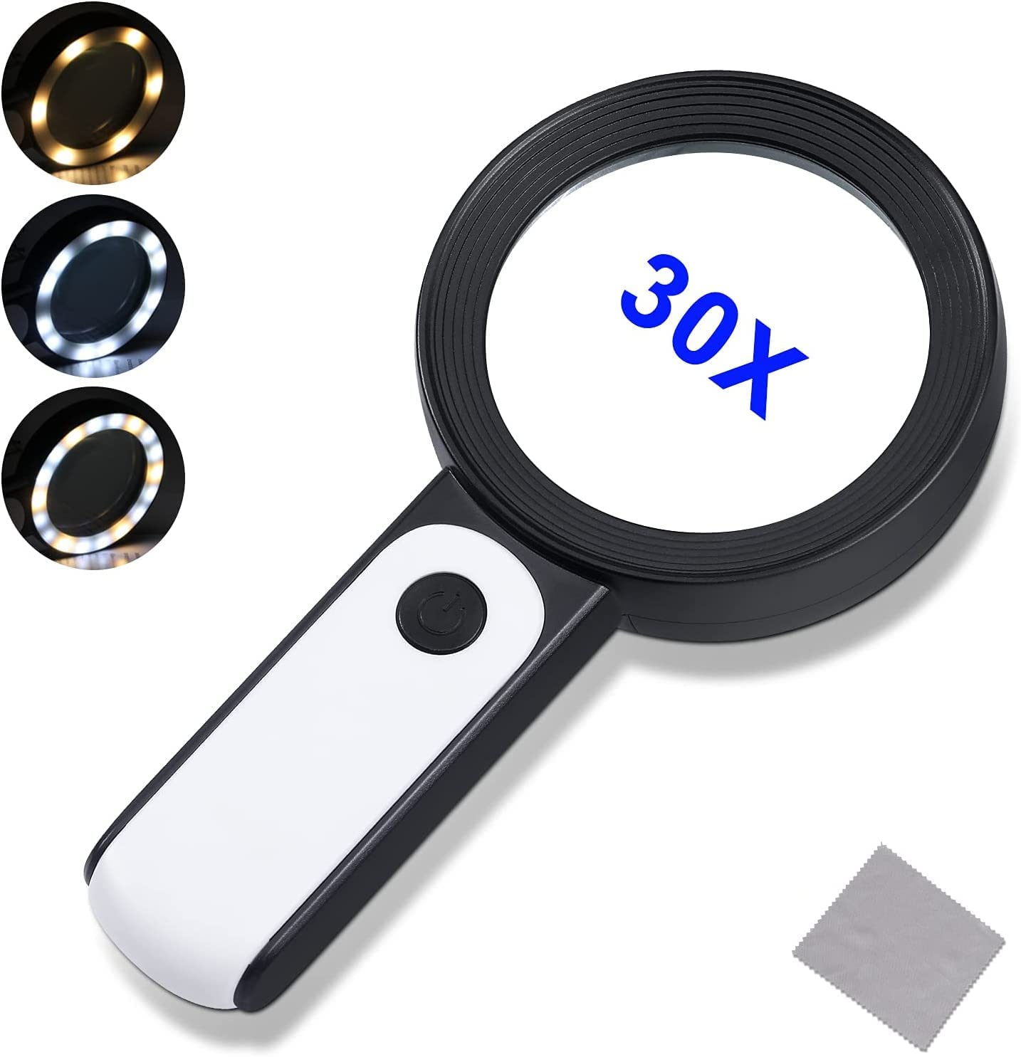 30X Magnifying Glass with 18LED Light, 80Mm Handheld Large Magnifying Glass Cold & Warm Light 3 Modes, Illuminated Lighted Magnifier for Seniors Kids Reading, Inspection, Coins (Lens Cloth Included) image number 4