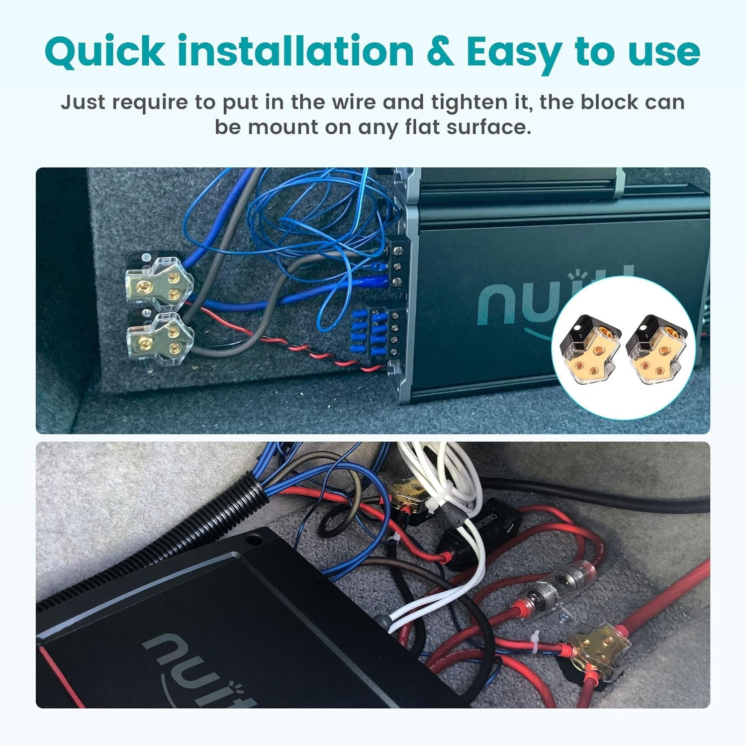 Nuith 2PCS 2-Way Copper Power Distribution Block, 0/2/4 Gauge in 4/8 Gauge Out Auto Car Audio Distribution Connecting Block, 2 Way Ground Distribution Block Copper for Audio Amplifier Splitter image number 6