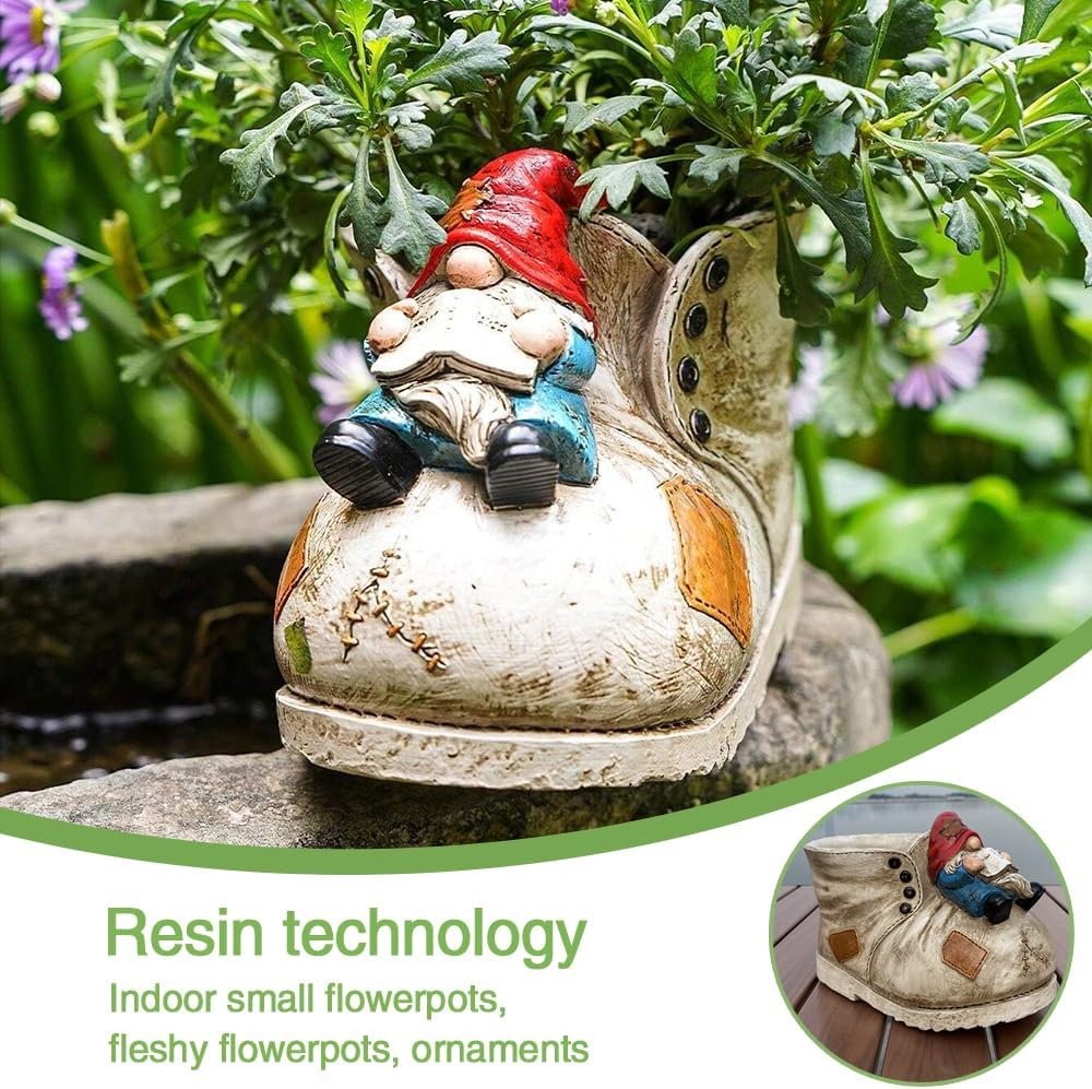Creative Dwarf Garden Statue Gnome Resin Sculpture Creative Boot Shaped Succulent Planter Hand-Painted Decor Plant Pot for Garden & Succulent Planting image number 4